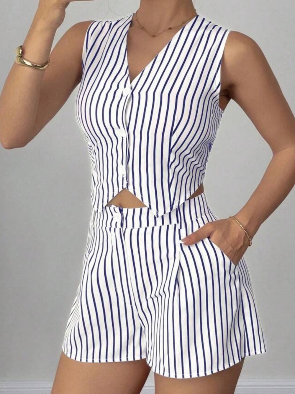Women’s White and Blue Striped High-Rise Bermuda Shorts and top